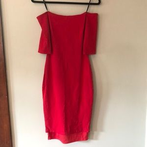 Off the shoulder red dress.